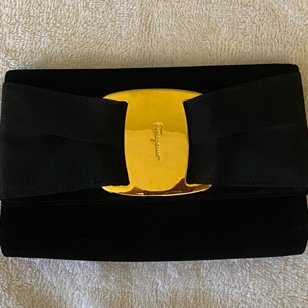 Vintage Salvatore Ferragamo Black Suede Leather Clutch